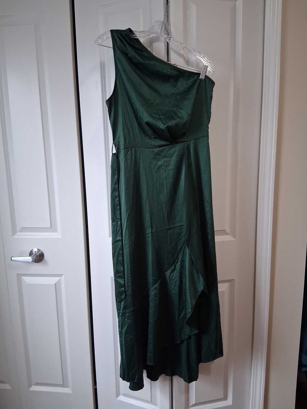 Allegra K Forest Green One-Shoulder Satin Evening Dress